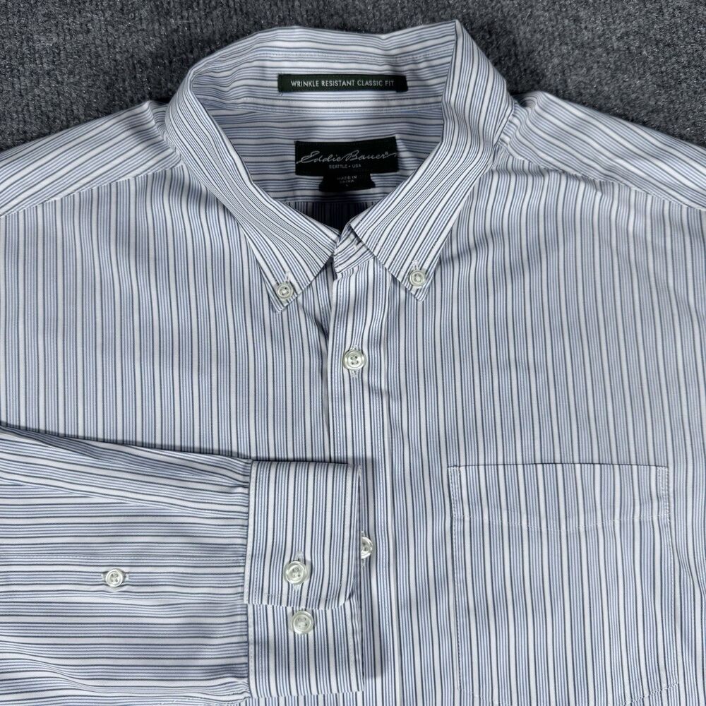 Eddie Bauer Wrinkle Resistant Classic Fit Blue Striped Button Shirt Men’s Large